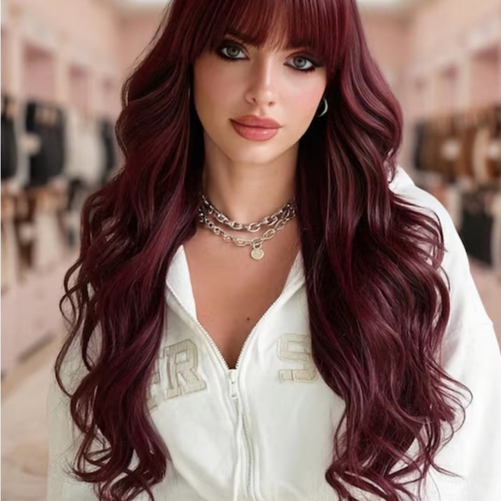 Deep Burgundy Long Wavy Women's Wig with Bangs